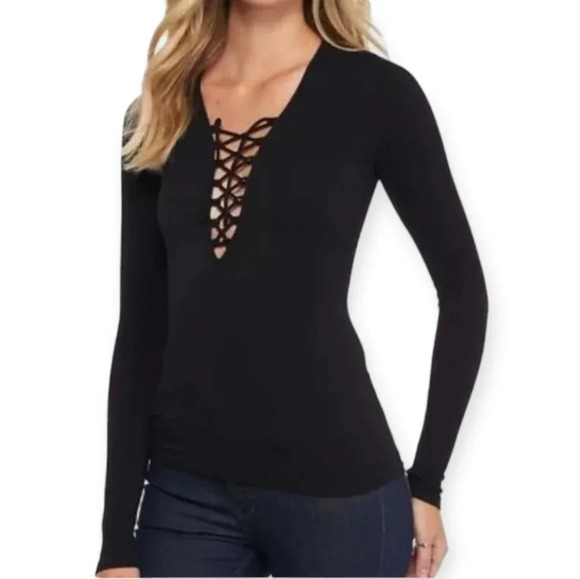 Free People Intimately Free Black Ribbed Lace  Up Neck Long Sleeve Top M/L - Picture 1 of 12